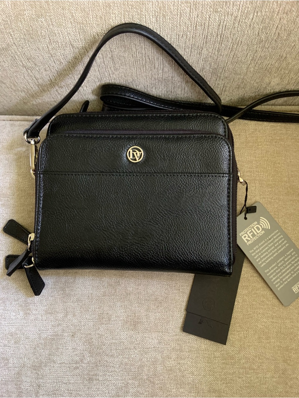Black Leather RFID Crossbody Bag with Gold Logo Accent